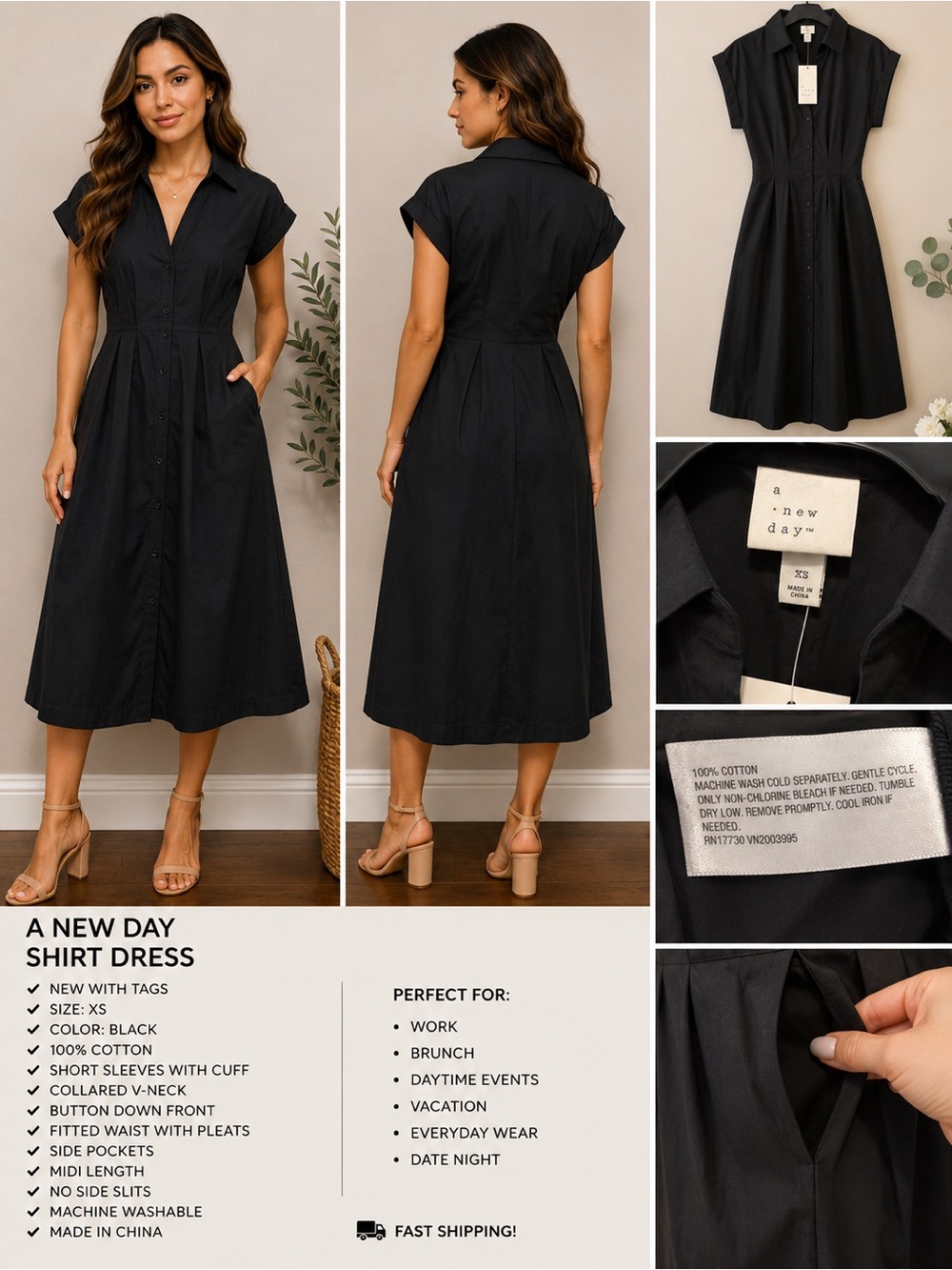 A New Day Black Cotton Shirt Dress XS | Button Front Midi Dress | NWT